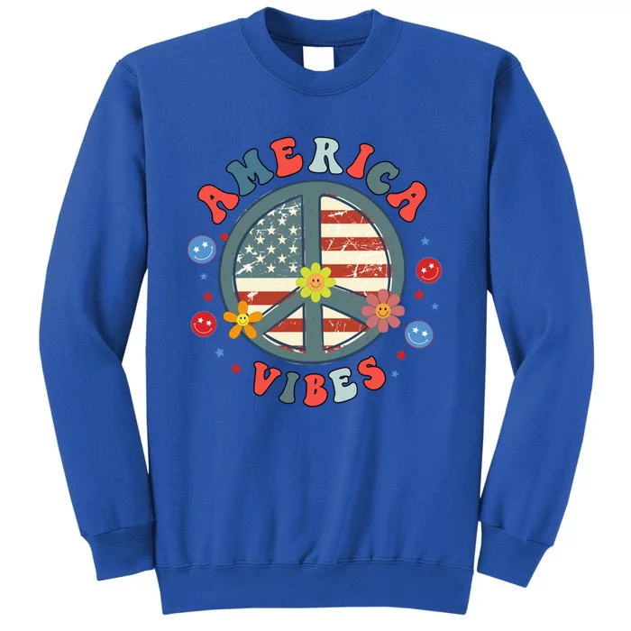 America Vibes Peace Sign Retro Groovy Flowers Us 4th Of July Gift Sweatshirt