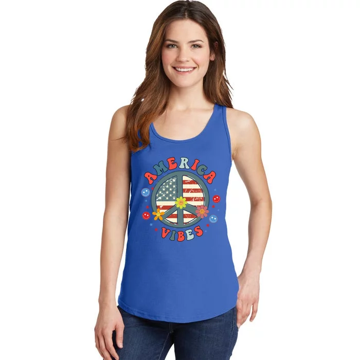 America Vibes Peace Sign Retro Groovy Flowers Us 4th Of July Gift Ladies Essential Tank