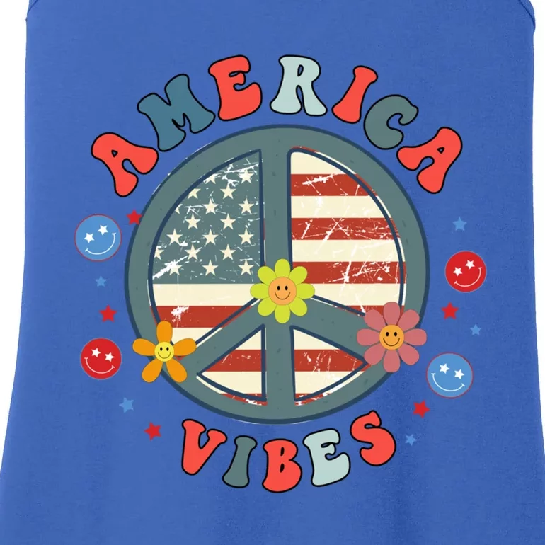 America Vibes Peace Sign Retro Groovy Flowers Us 4th Of July Gift Ladies Essential Tank