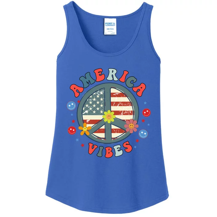 America Vibes Peace Sign Retro Groovy Flowers Us 4th Of July Gift Ladies Essential Tank