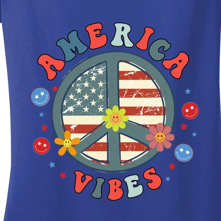 America Vibes Peace Sign Retro Groovy Flowers Us 4th Of July Cool Gift Women's V-Neck T-Shirt