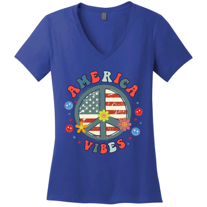 America Vibes Peace Sign Retro Groovy Flowers Us 4th Of July Cool Gift Women's V-Neck T-Shirt