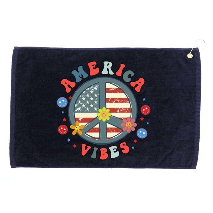 America Vibes Peace Sign Retro Groovy Flowers Us 4th Of July Cool Gift Grommeted Golf Towel