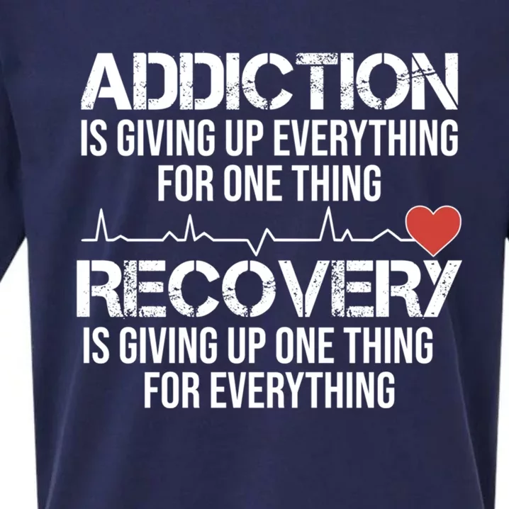 Addiction Vs Recovery Aa Na Heartbeat Clean Sober Life Funny Gift Sueded Cloud Jersey T-Shirt