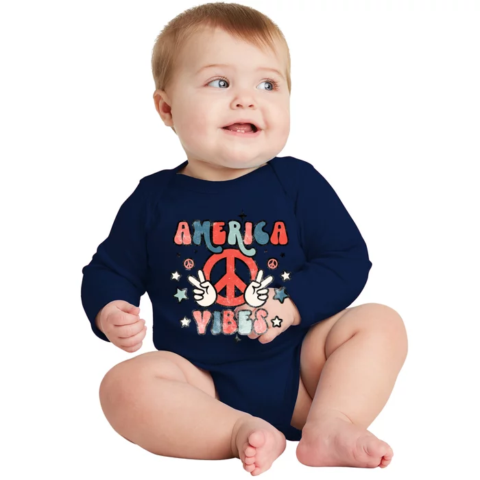 America Vibes Retro Distressed 4th Of July Vintage Graphic Gift Baby Long Sleeve Bodysuit