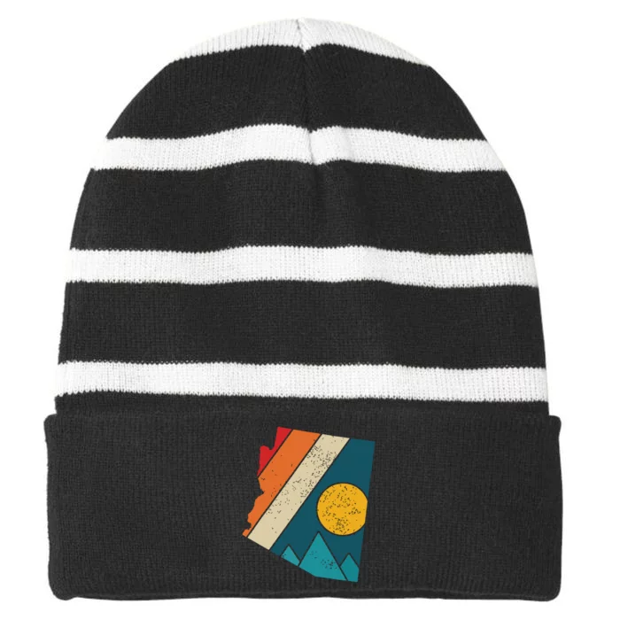 Arizona Vintage State Map Mountains Hiker Camping Pride Gift Striped Beanie with Solid Band