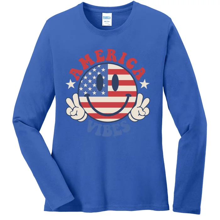 America Vibes Smile Face American Flag Groovy 4th Of July Gift Ladies Long Sleeve Shirt