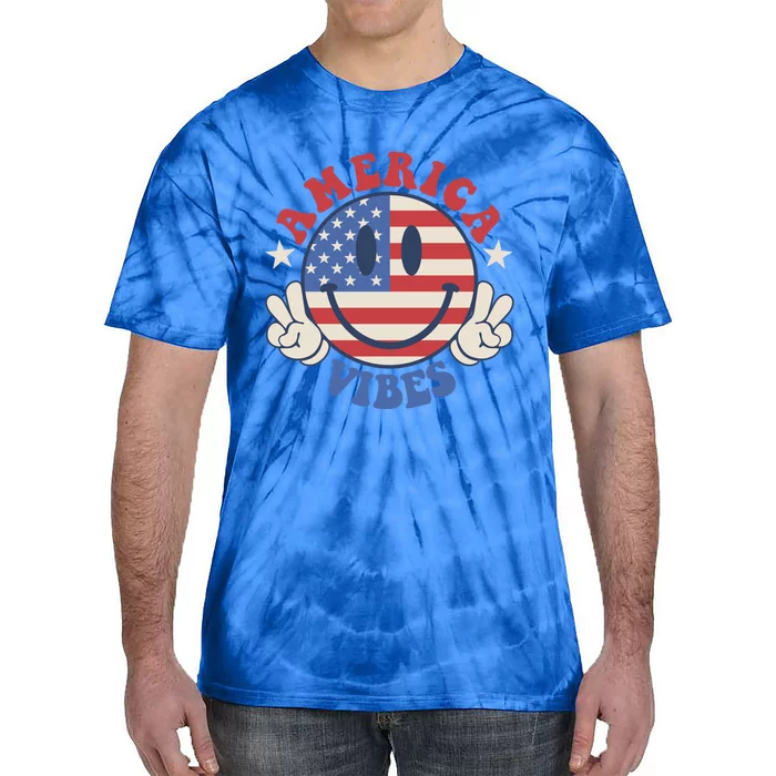 America Vibes Smile Face American Flag Groovy 4th Of July Cool Gift Tie-Dye T-Shirt