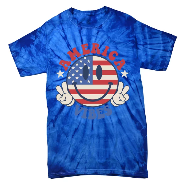 America Vibes Smile Face American Flag Groovy 4th Of July Cool Gift Tie-Dye T-Shirt