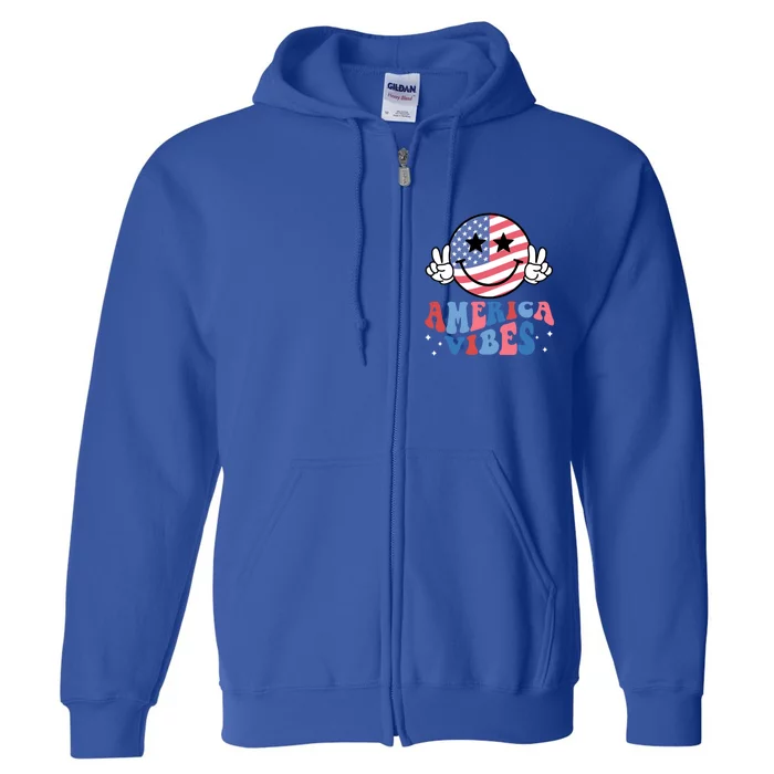 America Vibes Smile Face Usa Flag Retro Groovy 4th Of July Gift Full Zip Hoodie