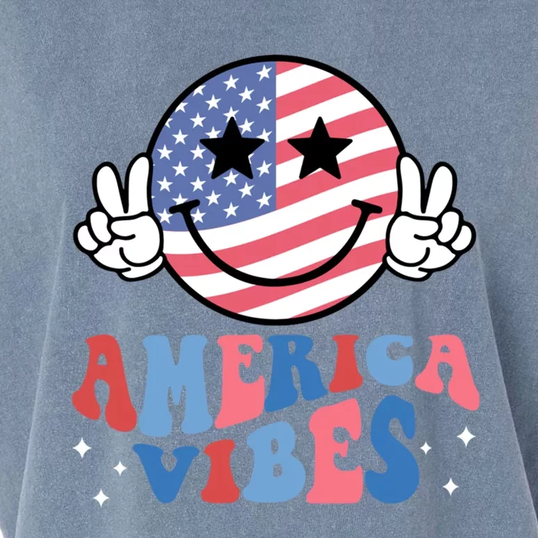 America Vibes Smile Face Usa Flag Retro Groovy 4th Of July Gift Garment-Dyed Women's Muscle Tee