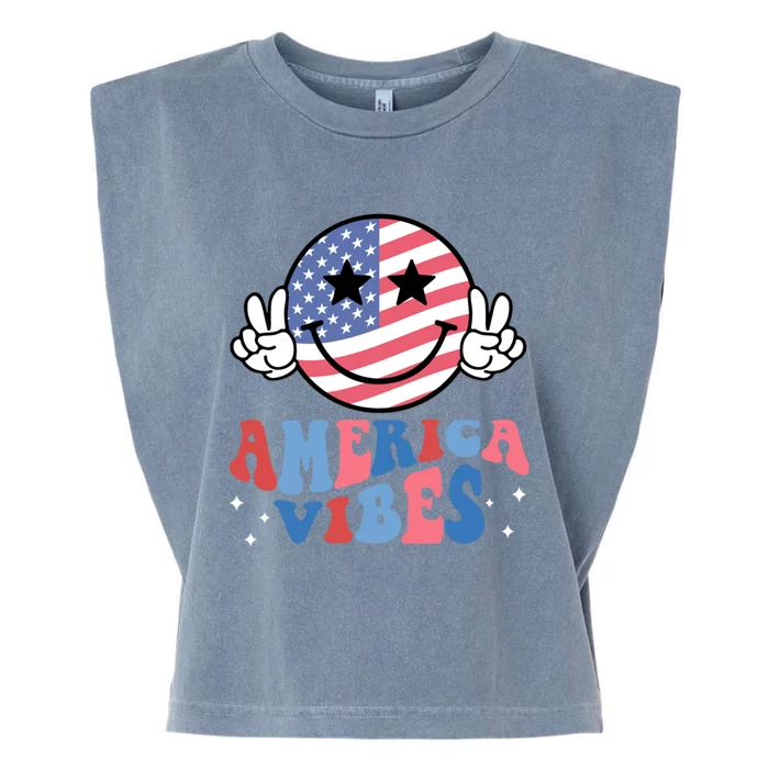 America Vibes Smile Face Usa Flag Retro Groovy 4th Of July Gift Garment-Dyed Women's Muscle Tee