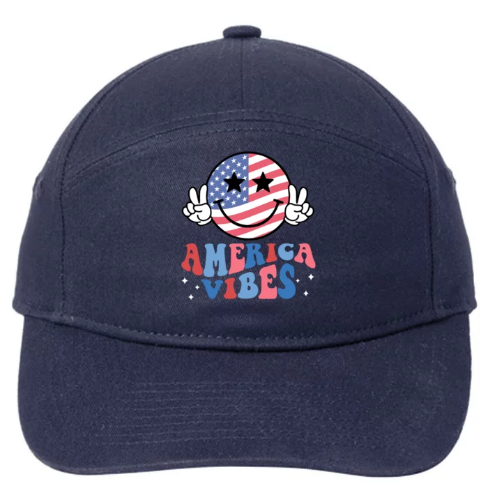 America Vibes Smile Face Usa Flag Retro Groovy 4th Of July Gift 7-Panel Snapback Hat