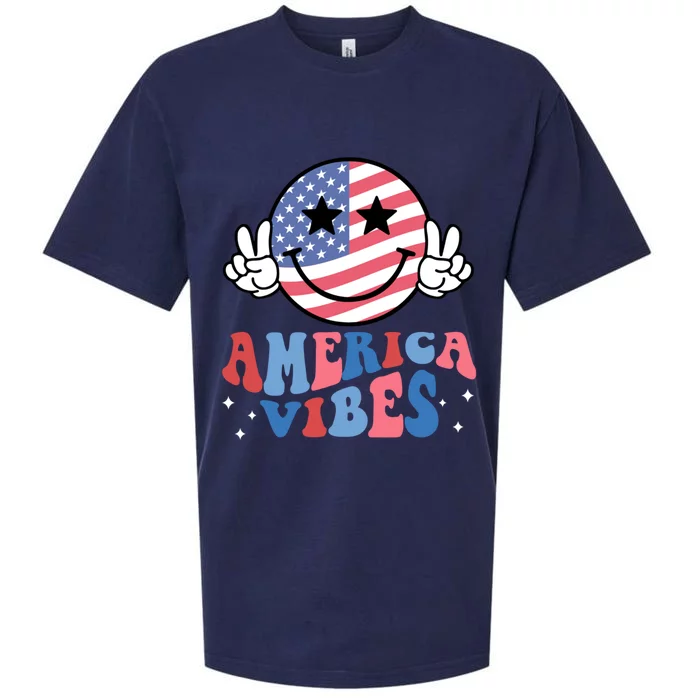 America Vibes Smile Face Usa Flag Retro Groovy 4th Of July Gift Sueded Cloud Jersey T-Shirt