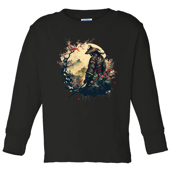 Aesthetic Vintage Samurai Japanese Art Samurai Retro Cherry Toddler Long Sleeve Shirt