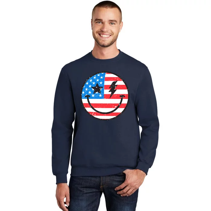 America Vibes Smiley Face American Flag 4th Of July USA Flag Tall Sweatshirt