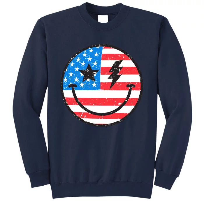 America Vibes Smiley Face American Flag 4th Of July USA Flag Tall Sweatshirt