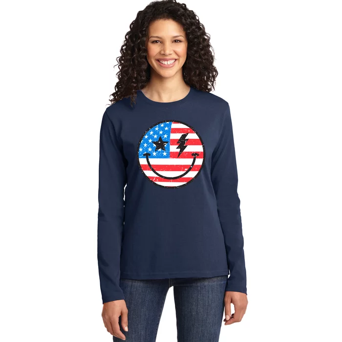 America Vibes Smiley Face American Flag 4th Of July USA Flag Ladies Long Sleeve Shirt