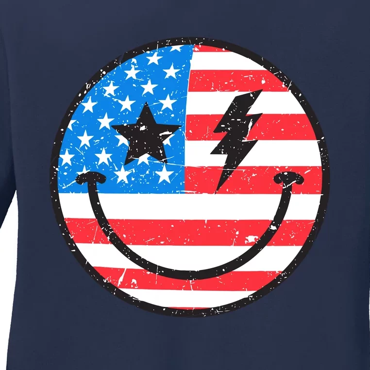 America Vibes Smiley Face American Flag 4th Of July USA Flag Ladies Long Sleeve Shirt