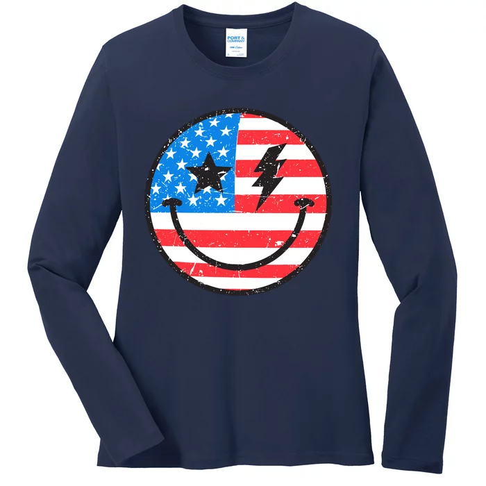 America Vibes Smiley Face American Flag 4th Of July USA Flag Ladies Long Sleeve Shirt