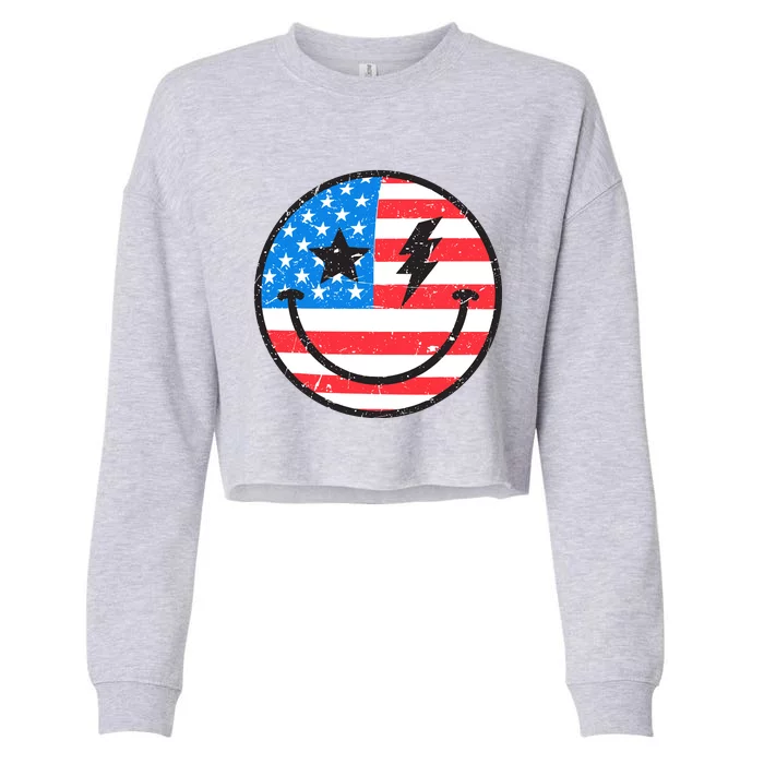 America Vibes Smiley Face American Flag 4th Of July USA Flag Cropped Pullover Crew