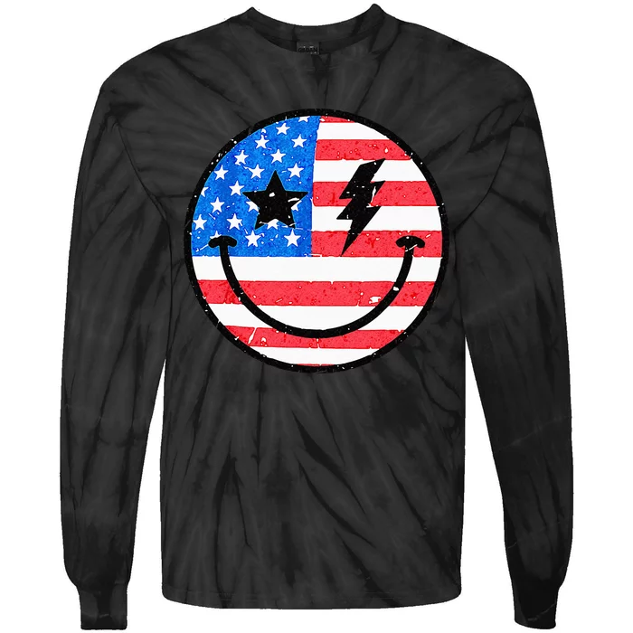 America Vibes Smile Face American Flag 4th Of July USA Flag Tie-Dye Long Sleeve Shirt