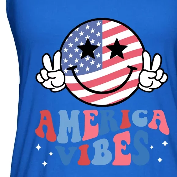 America Vibes Smile Face Usa Flag Retro Groovy 4th Of July Gift Ladies Essential Flowy Tank