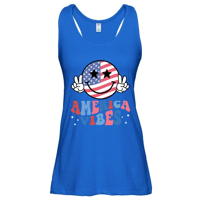 America Vibes Smile Face Usa Flag Retro Groovy 4th Of July Gift Ladies Essential Flowy Tank