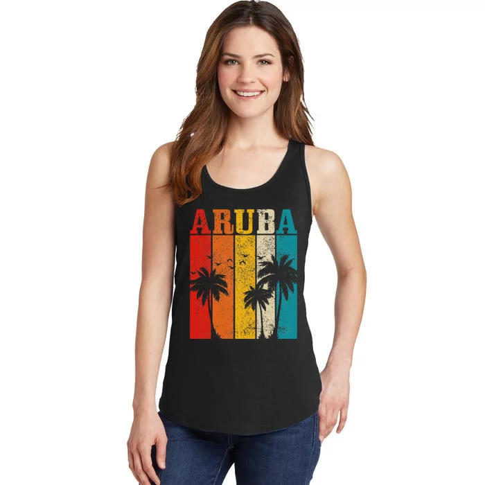 Aruba Vintage Surf Palm Trees Surfer Souvenir Ladies Essential Tank