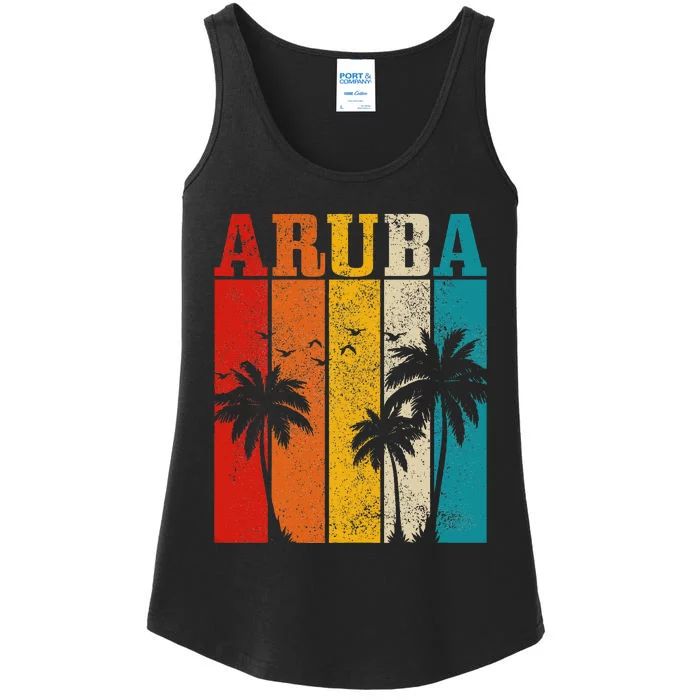 Aruba Vintage Surf Palm Trees Surfer Souvenir Ladies Essential Tank