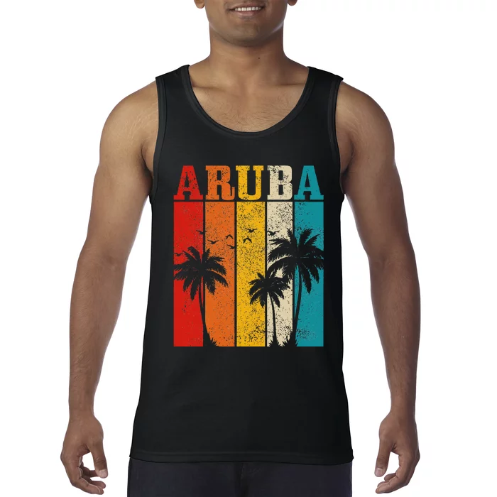 Aruba Vintage Surf Palm Trees Surfer Souvenir Tank Top