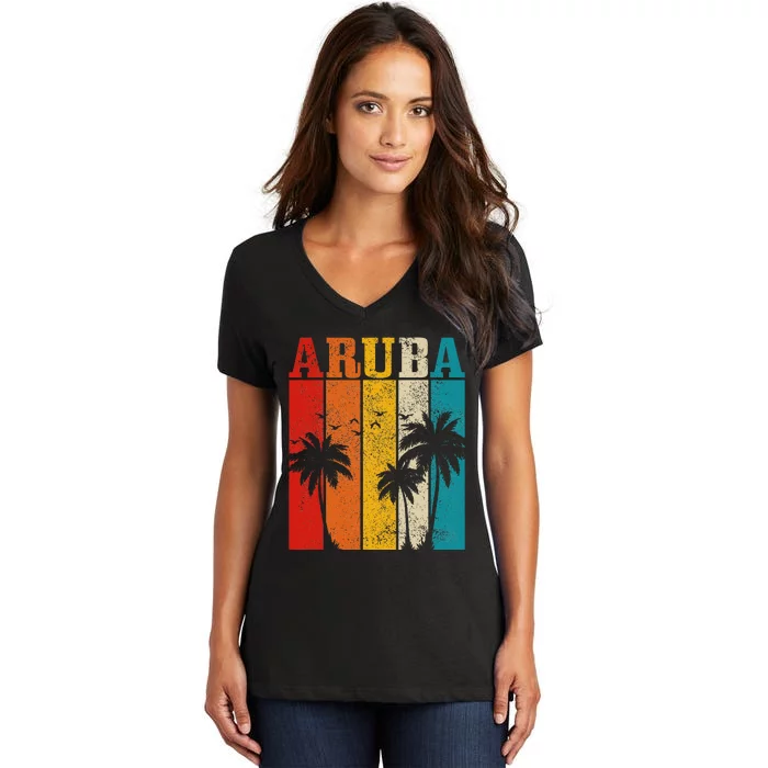 Aruba Vintage Surf Palm Trees Surfer Souvenir Women's V-Neck T-Shirt