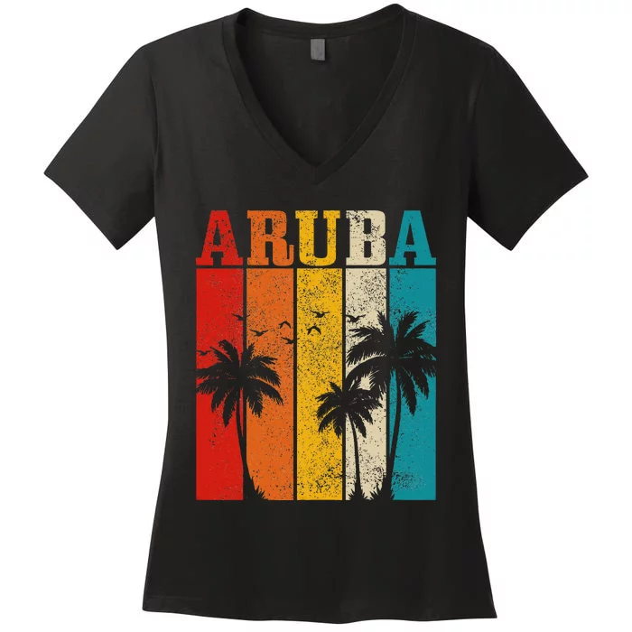 Aruba Vintage Surf Palm Trees Surfer Souvenir Women's V-Neck T-Shirt