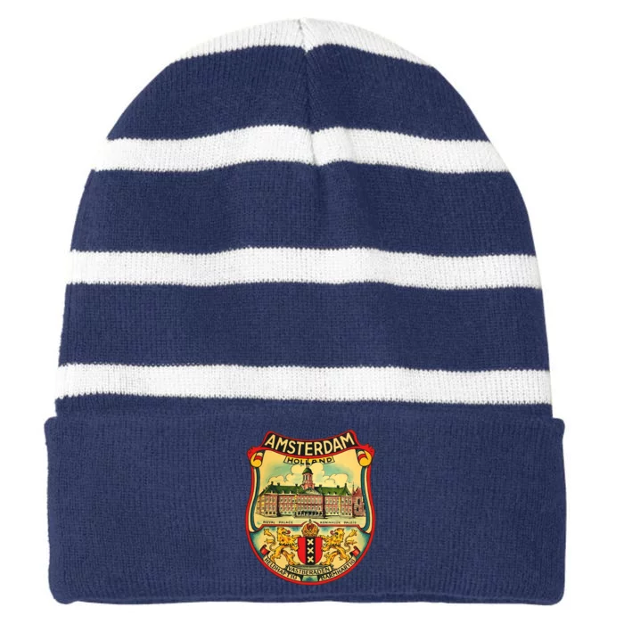 Amsterdam Vintage Travel Decal Striped Beanie with Solid Band