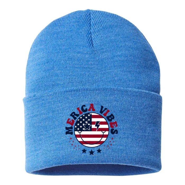 America Vibes Usa Flag 4th Of July American Face Smile Retro Great Gift Sustainable Knit Beanie