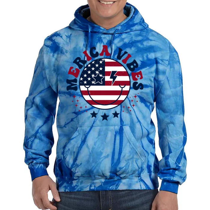 America Vibes Usa Flag 4th Of July American Face Smile Retro Great Gift Tie Dye Hoodie