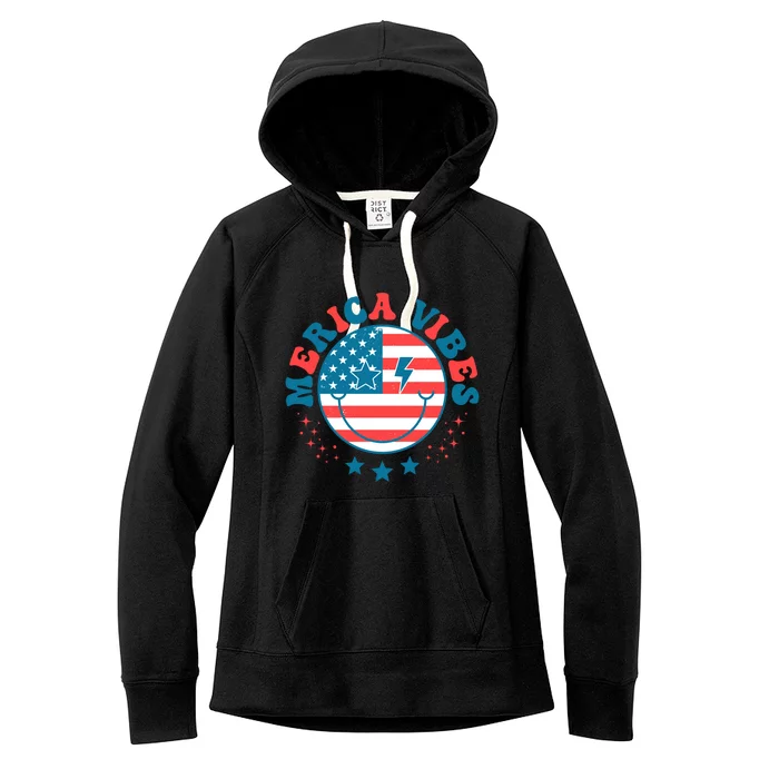 America Vibes Usa Flag 4th Of July American Face Smile Retro Cool Gift Women's Fleece Hoodie