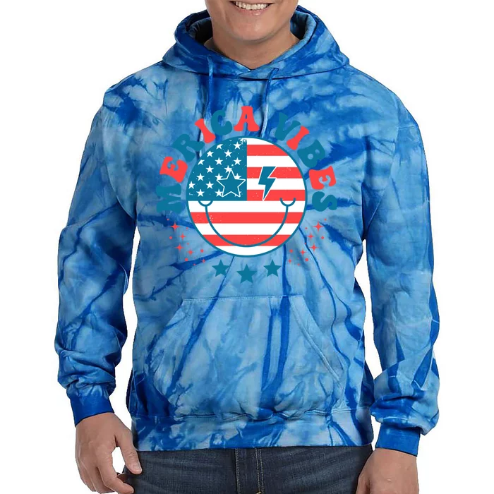 America Vibes Usa Flag 4th Of July American Face Smile Retro Cool Gift Tie Dye Hoodie