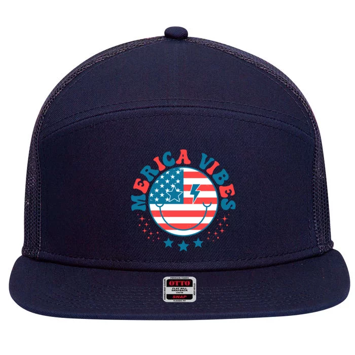 America Vibes Usa Flag 4th Of July American Face Smile Retro Cool Gift 7 Panel Mesh Trucker Snapback Hat