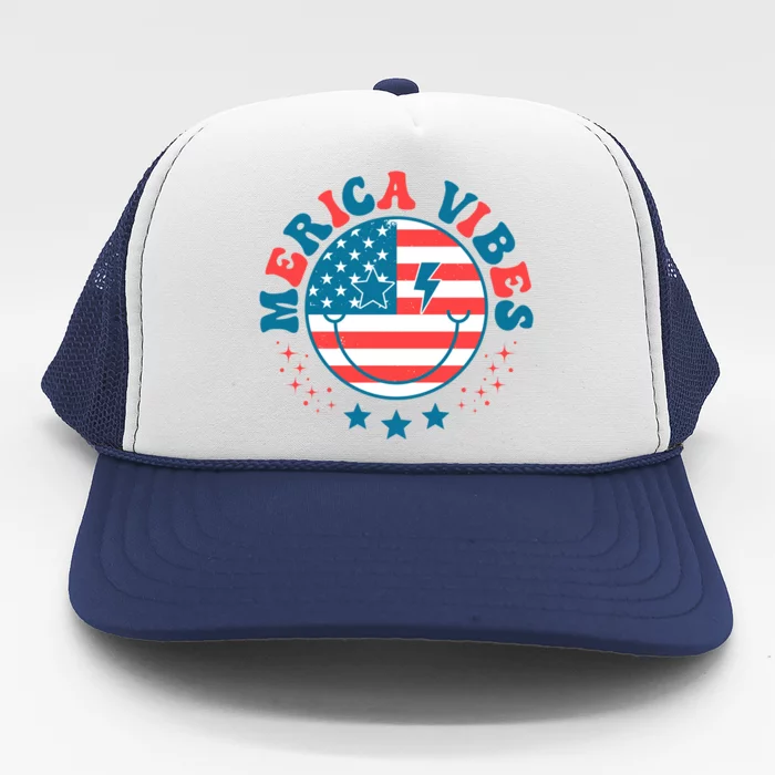 America Vibes Usa Flag 4th Of July American Face Smile Retro Cool Gift Trucker Hat