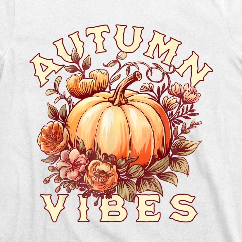 Autumn Vibes Women Pumpkin Fall Graphic Thanksgiving T-Shirt