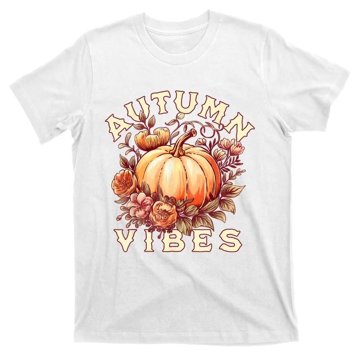 Autumn Vibes Women Pumpkin Fall Graphic Thanksgiving T-Shirt