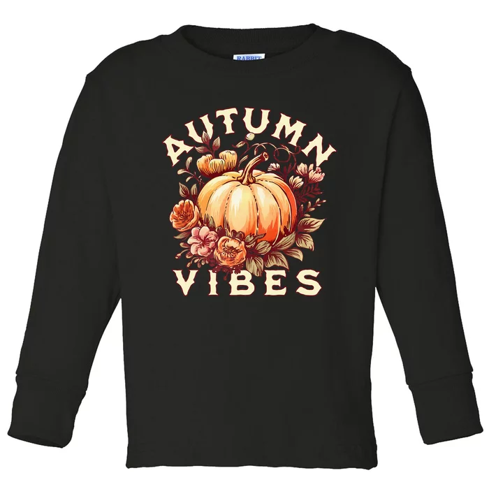 Autumn Vibes Women Pumpkin Fall Graphic Thanksgiving Toddler Long Sleeve Shirt