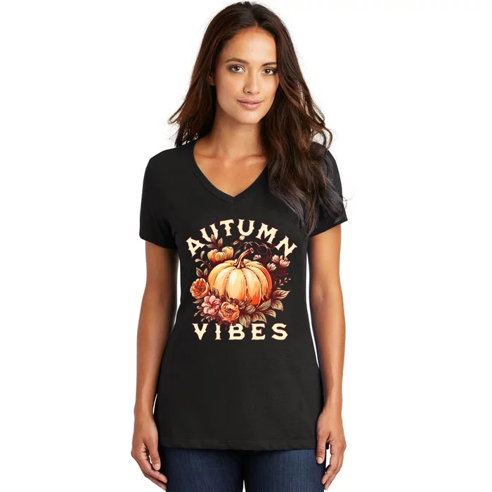 Autumn Vibes Women Pumpkin Fall Graphic Thanksgiving Women's V-Neck T-Shirt