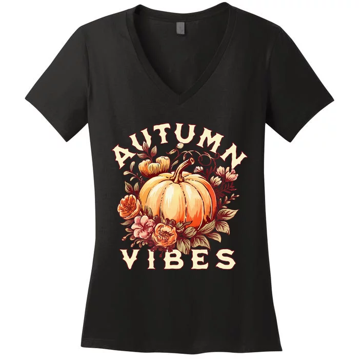 Autumn Vibes Women Pumpkin Fall Graphic Thanksgiving Women's V-Neck T-Shirt