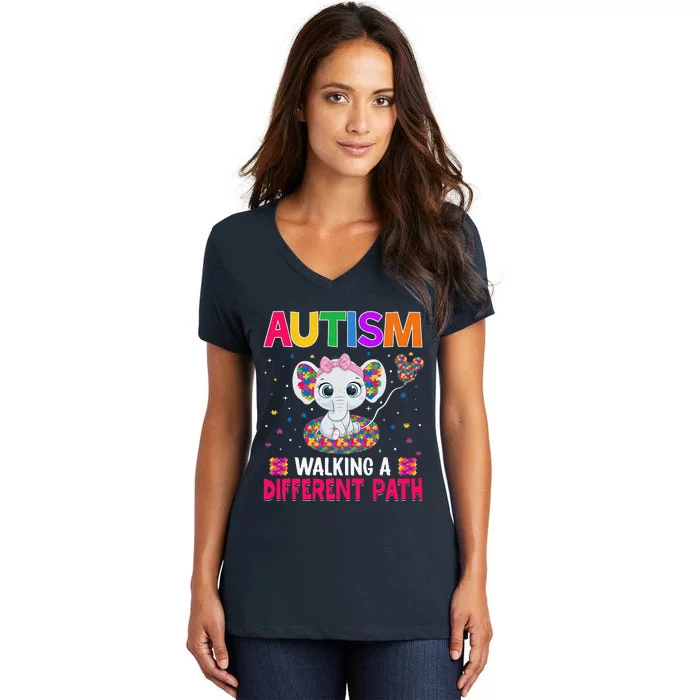 Autism Walking A Different Path Support Autism Warriors Women's V-Neck T-Shirt