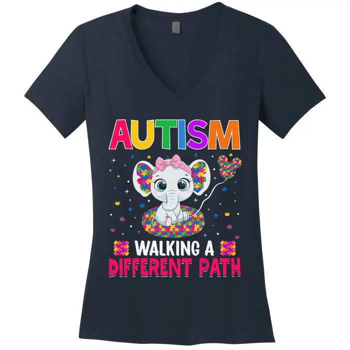 Autism Walking A Different Path Support Autism Warriors Women's V-Neck T-Shirt