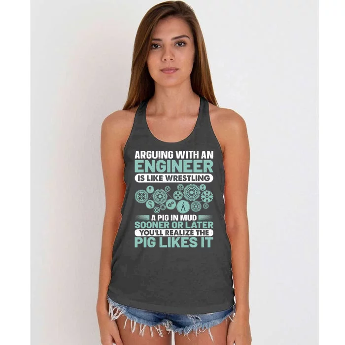 Arguing With An Engineer Is Like Wrestling A Pig In Mud Women's Knotted Racerback Tank