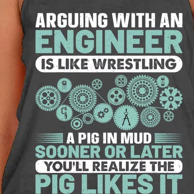 Arguing With An Engineer Is Like Wrestling A Pig In Mud Women's Knotted Racerback Tank