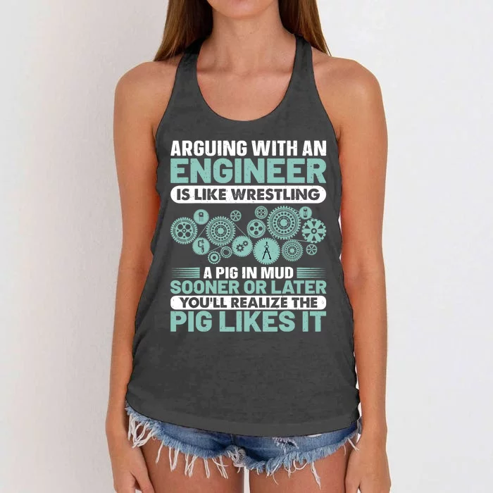 Arguing With An Engineer Is Like Wrestling A Pig In Mud Women's Knotted Racerback Tank